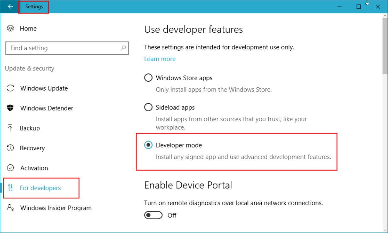 settings dev mode