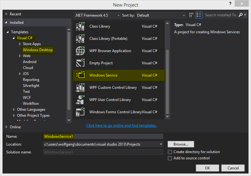 New Windows Service Project