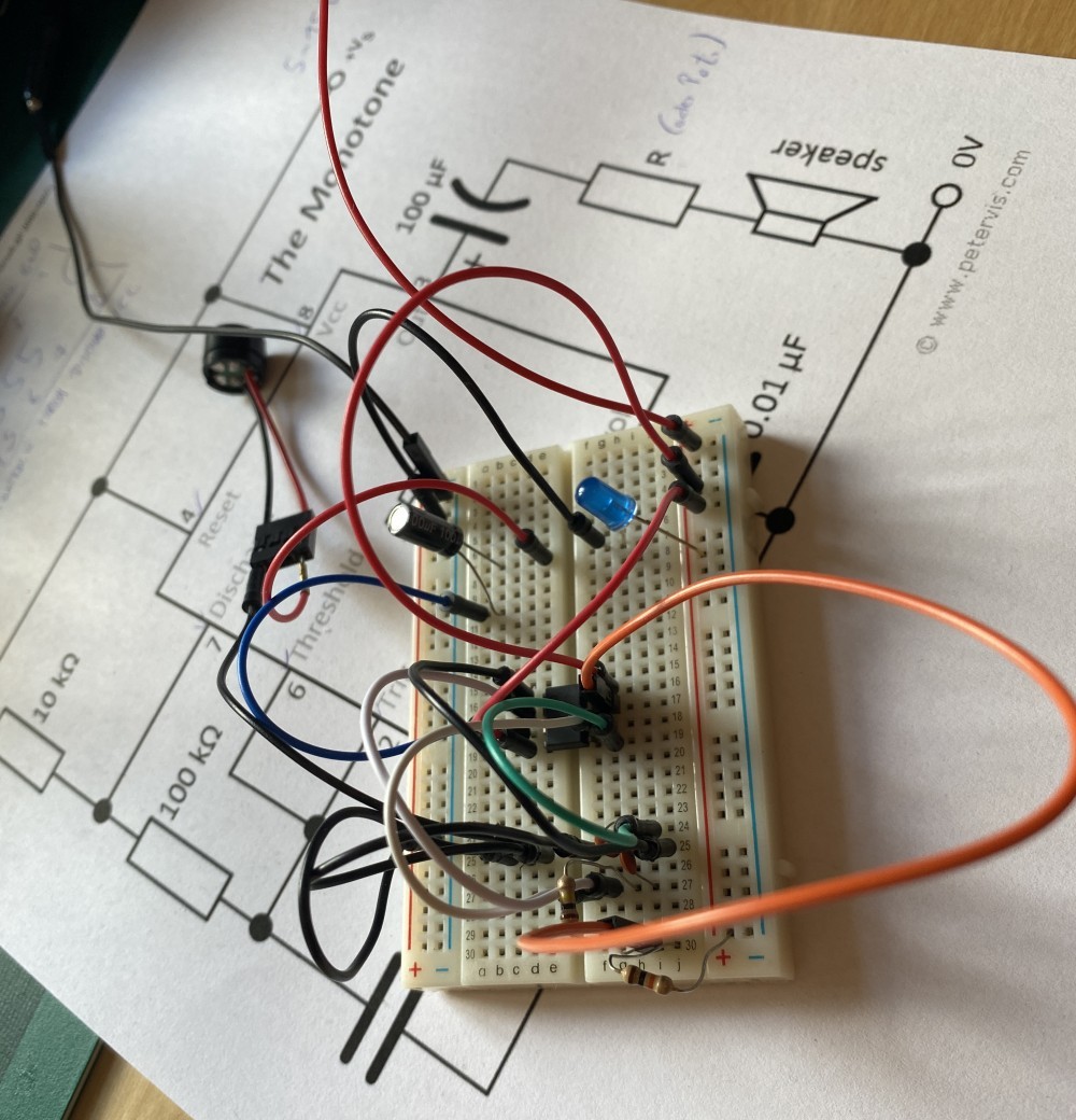 The sound generator prototyped on a breadboard