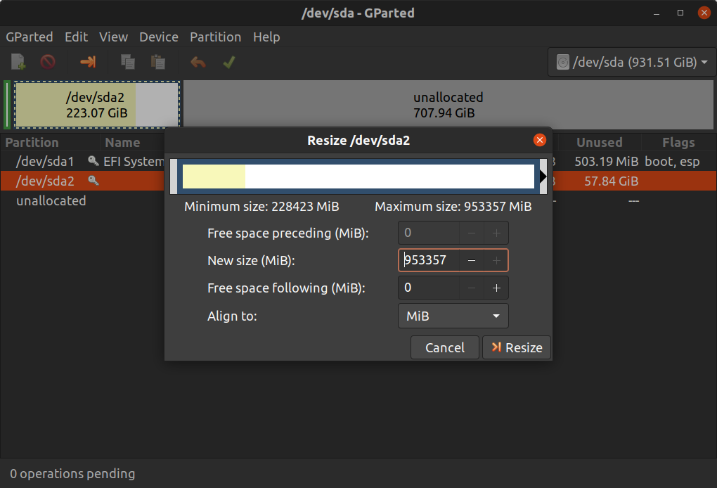 Resize partition to full capacity with gparted