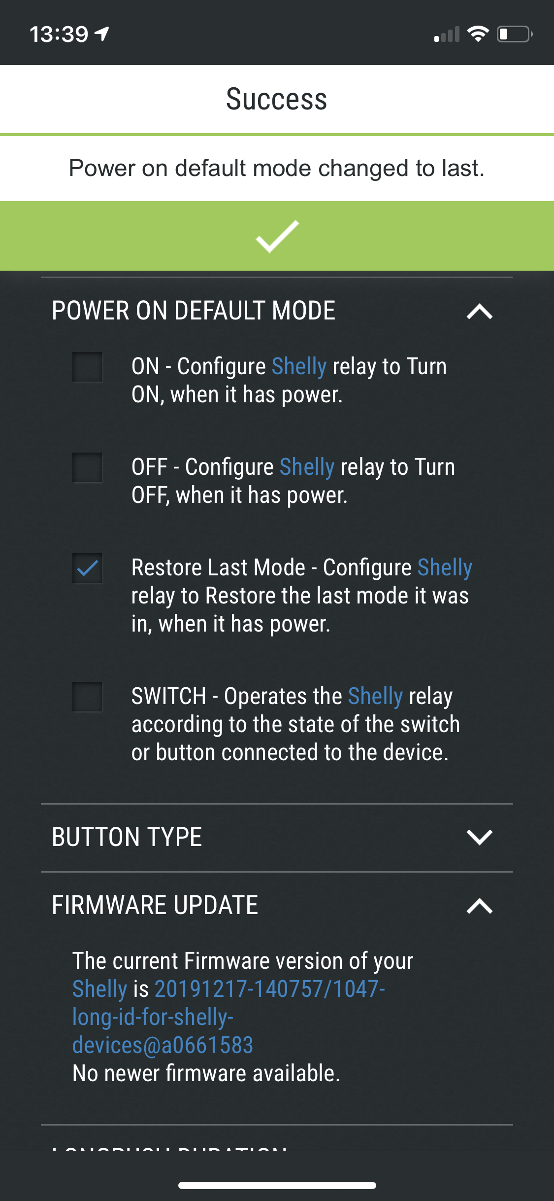 Set "Power on default mode" to "Toggle Switch"