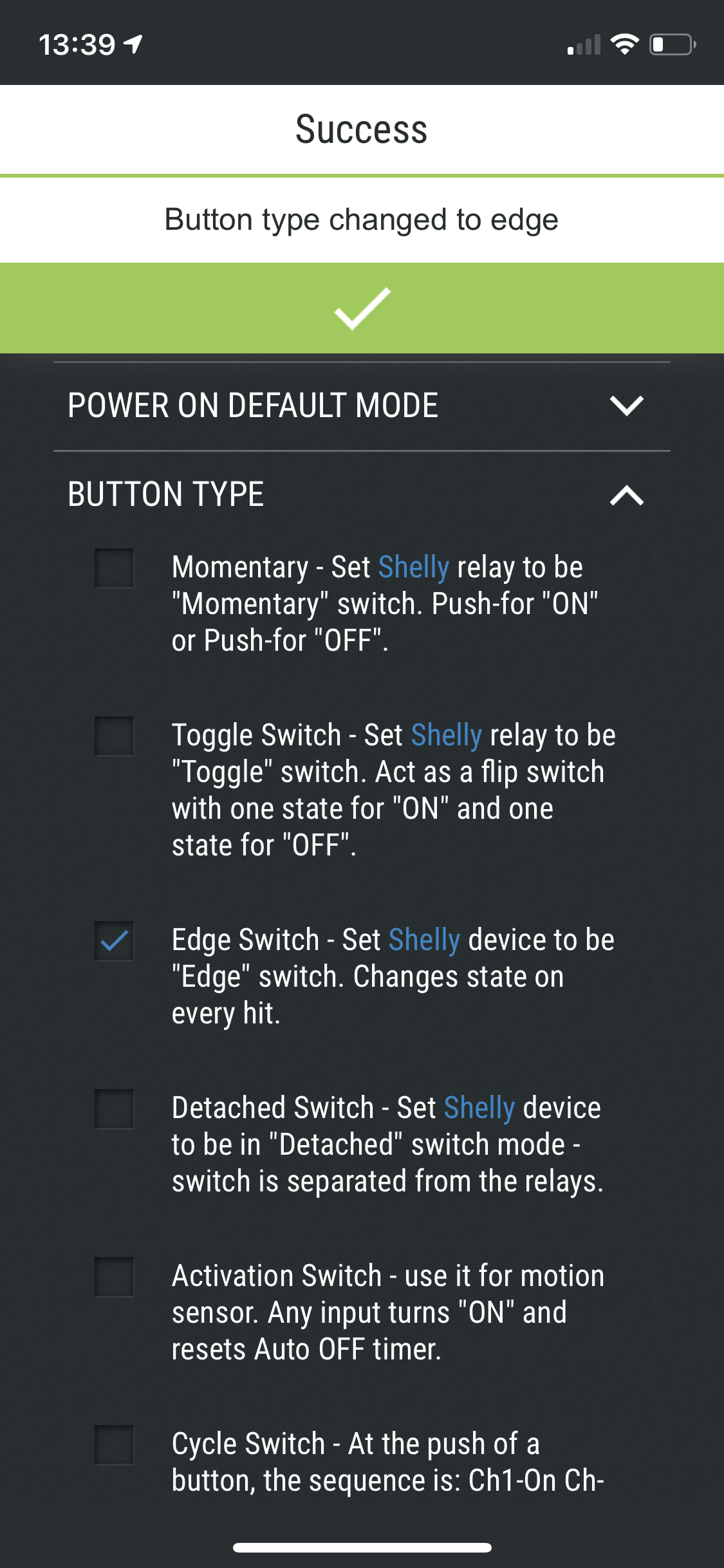 Set Shelly set Edge Switch Mode