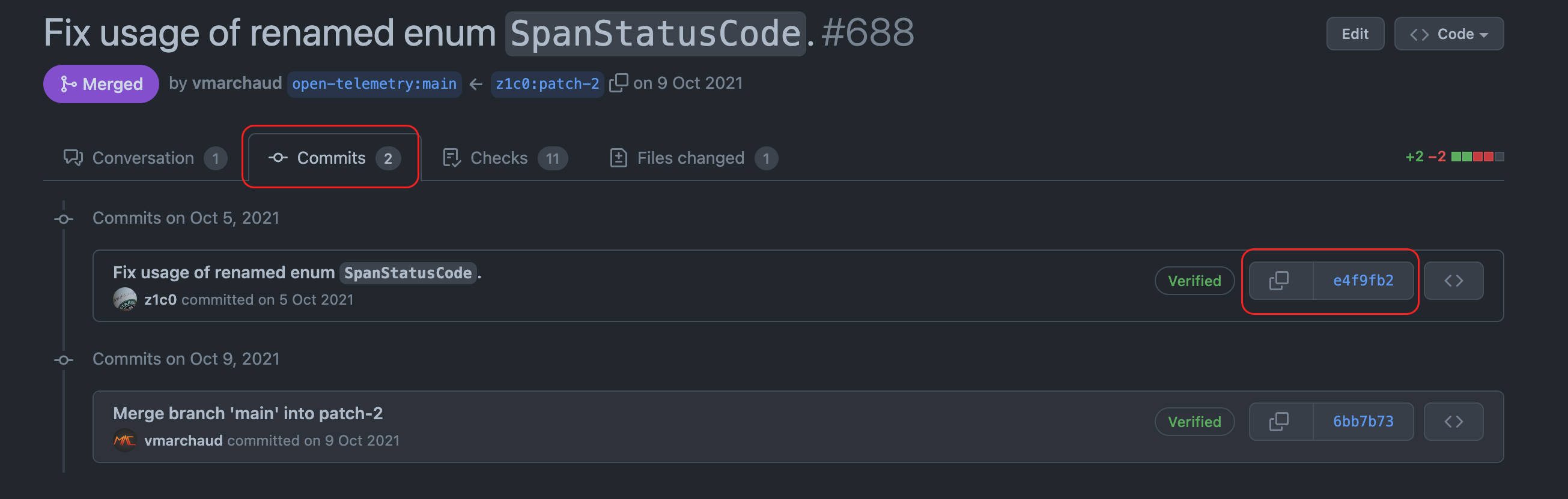 The Commits tab of a GitHub PR