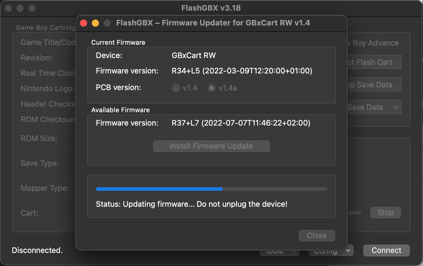 The software presents a firmware update dialog