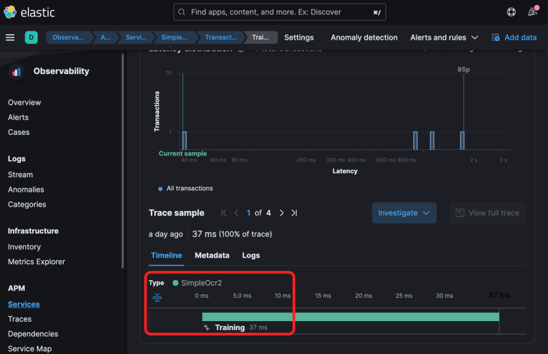 Elastic APM server showing the SimpleOcr2 transaction