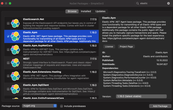 Adding the Elastic APM .NET Agent NuGet package