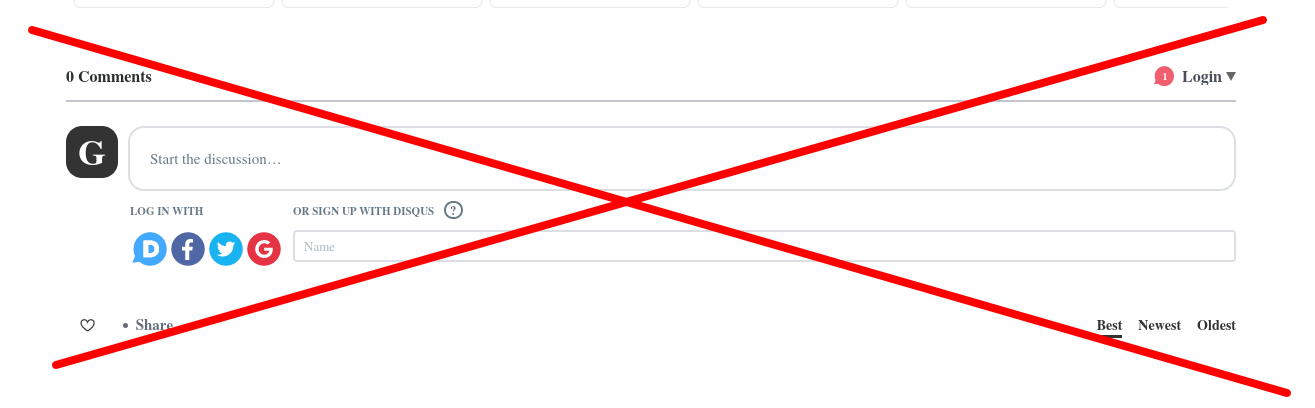 A screenshot of the former Disqus section, crossed out