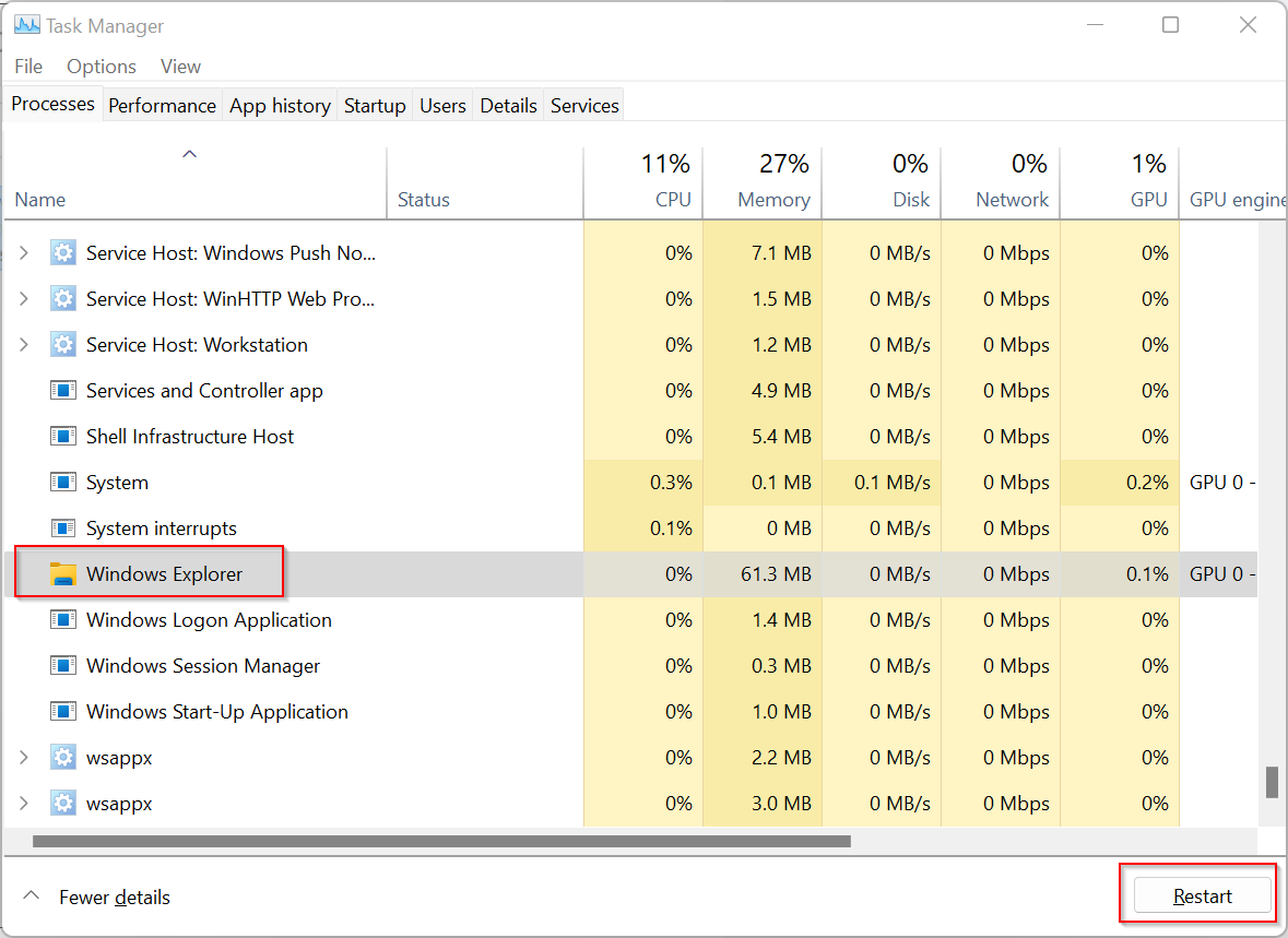 Restart Windows Explorer via Task Manager