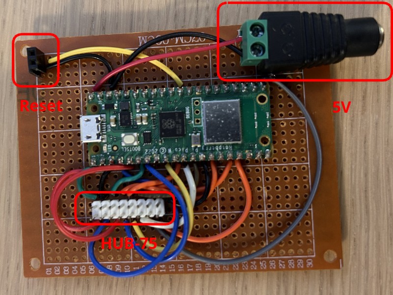 The circuit board with the Raspberry Pi Pico and the HUB-75 connector